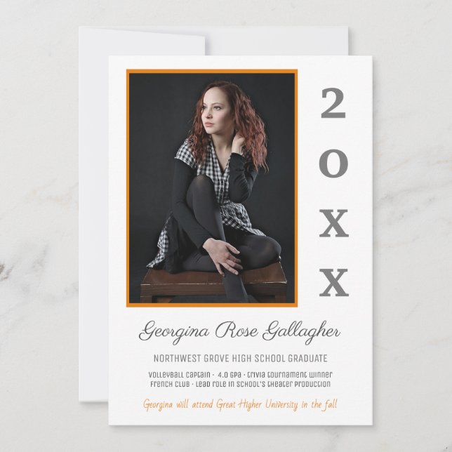 Faire-part Graduation Moderne Photo Simple Grad Year Orange (Devant)