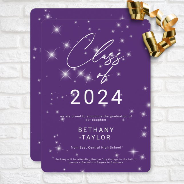 Faire-part Graduation moderne violet et blanc étincelant (Modern Purple & White Sparkle Graduation Announcement)