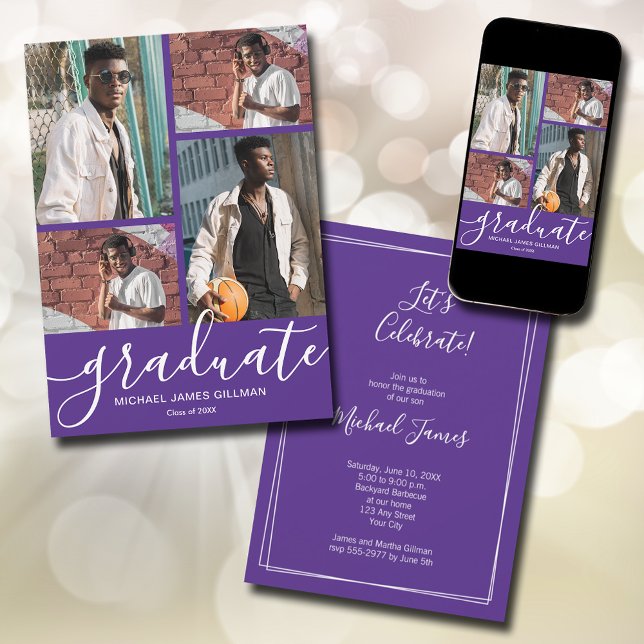 Faire-part Graduation multi‑photo (Modern script 4 photo purple graduation announcements - PRINTED and/or INSTANT DOWNLOAD)