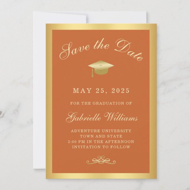 Faire-part Graduation Orange Gold Frame Enregistrer la date (Devant)