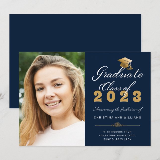 Faire-part Graduation Photo Blue Gold Script Classe de 2023 (Devant / Derrière)