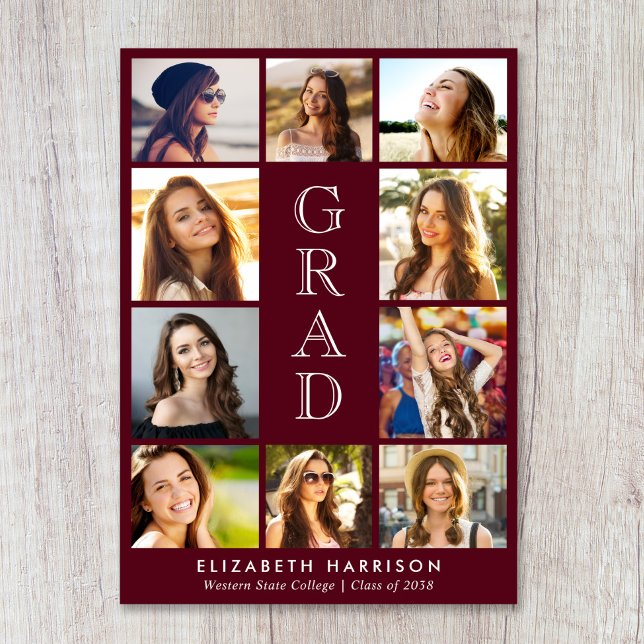 Faire-part Graduation Photo Collage Burgundy (Graduation Photo Collage Burgundy Announcement)