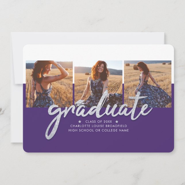 Faire-part Graduation Photo Collage Purple Silver Script (Devant)