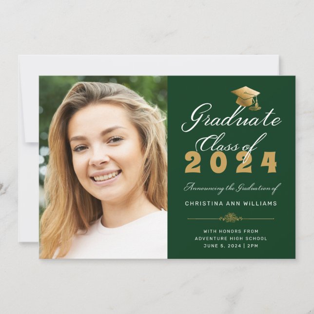 Faire-part Graduation Photo Green Gold Script Classe de 2024 (Devant)