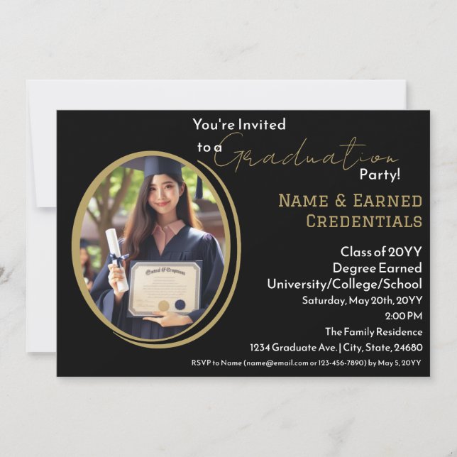 Faire-part Graduation photo personnalisée Black, White & Gold (Devant)