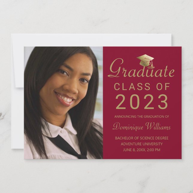 Faire-part Graduation Photo Red Gold Grad Casquette Script 20 (Devant)