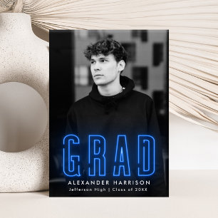 Faire-part Graduation photo verticale moderne en néon bleu