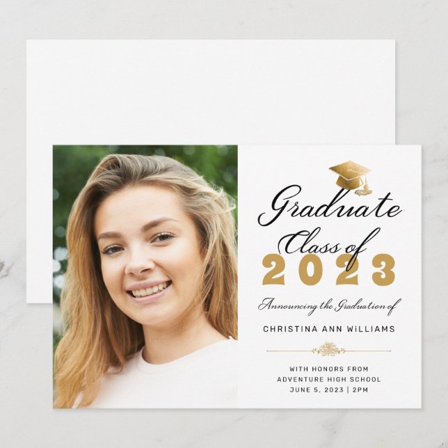 Faire-part Graduation Photo White Gold Script Classe de 2023 (Devant / Derrière)