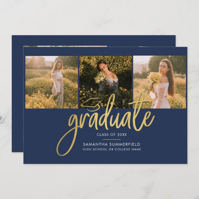 Faire-part Graduation Photos Script Marine Blue Gold Foil (Devant / Derrière)