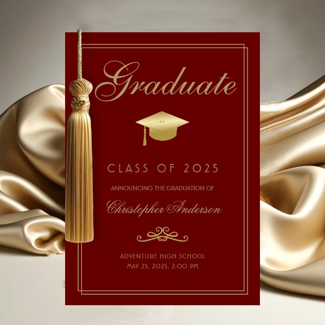 Faire-part Graduation Red Maroon or Script Formal Casquette G (Elegant Graduate Graduation Announcement with Gold Grad Cap, calligraphy script and red
 background)