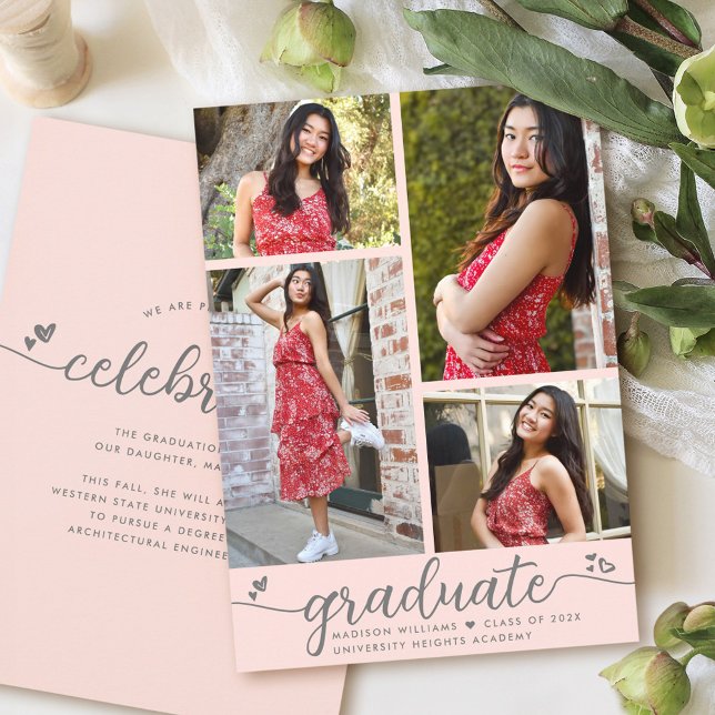 Faire-part Graduation rose pâle 4 Photo Moderne Coeurs Script (Créateur téléchargé)