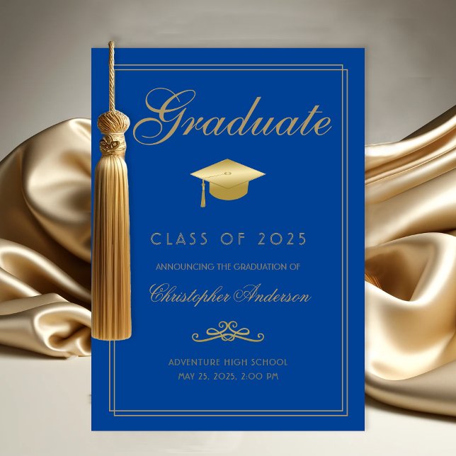 Faire-part Graduation Royal Blue Gold Formal Script Grad Casq (Elegant Graduate Graduation Announcement with Gold Grad Cap, calligraphy script and blue background)