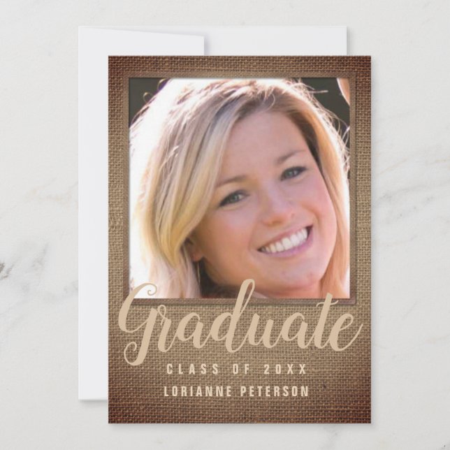 Faire-part Graduation Rustique Photo Tan Burlap Script modern (Devant)