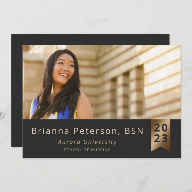 Faire-part Gradué 2 Photo Black Gold Faux Foil Sash (Devant / Derrière)