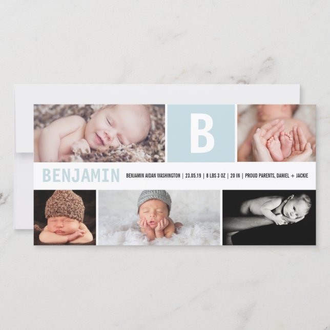 Faire-part Grand Monogramme Initiale Bébé Garçon 5 Photo Bleu (Devant)