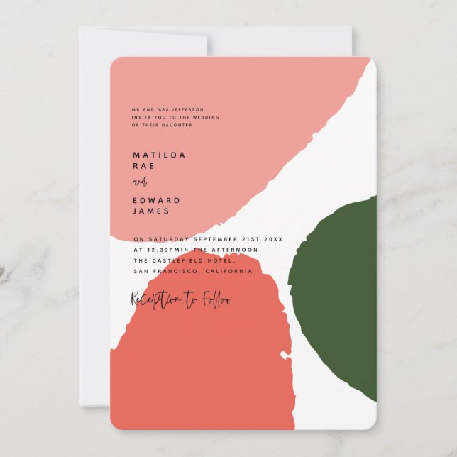 Faire-part Graphisme abstrait moderne rouge, rose + vert (Devant)