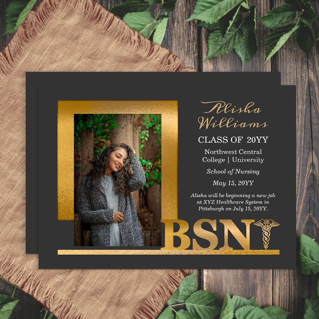 Faire-part Graphite Élégant Or Diplômée en Soins Infirmiers B (Elegant graphite and gold BSN graduation announcement with modern photo layout)