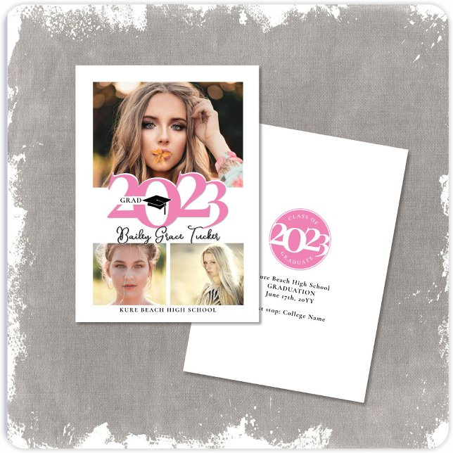 Faire-part Gras 2023 GRAD Casquette 3-Photo Collage Pink Grad (Créateur téléchargé)