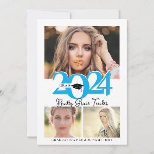 Faire-part Gras 2024 Grad Casquette 3-Photo Collage Bleu Grad