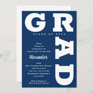 Faire-part Gras GRAD Blanc sur la Marine Blue Graduation