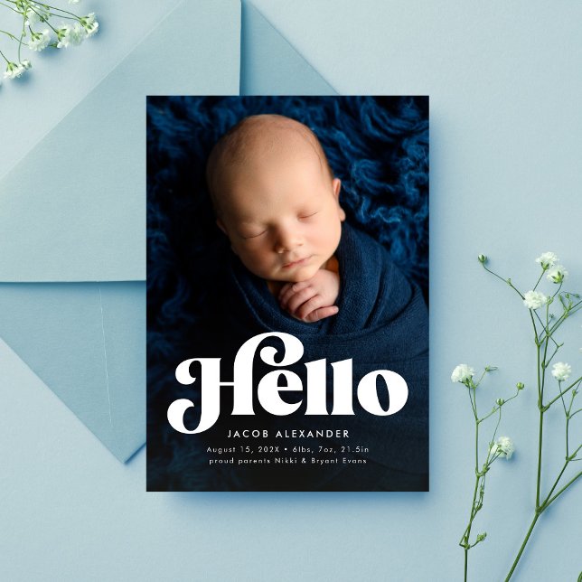 Faire-part Gras rétro bonjour mignon photo bleue (Créateur téléchargé)