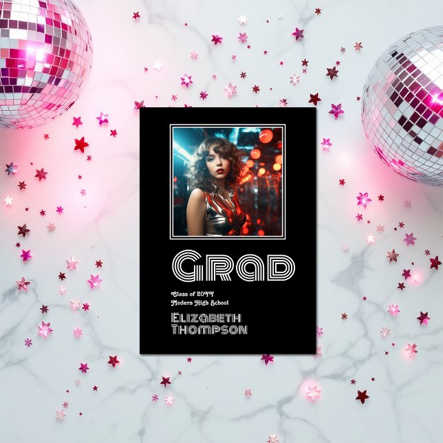 Faire-part Gras Retro Disco Graduation Photo (Bold Retro Disco Graduation Photo Announcement)
