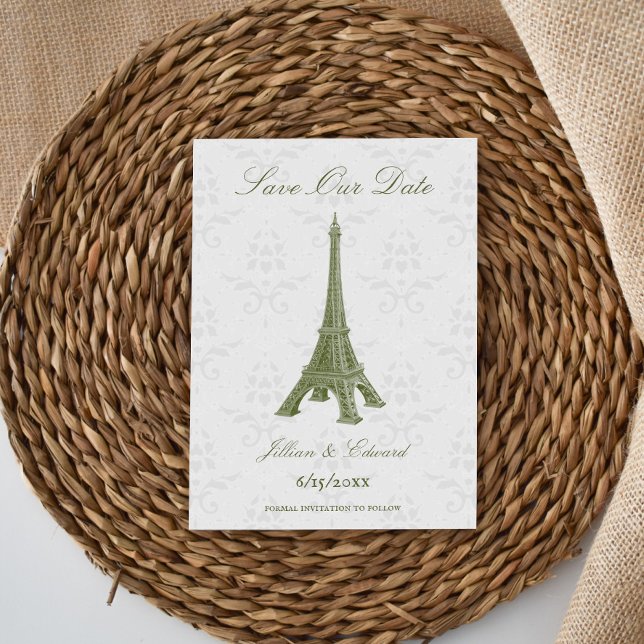 Faire-part Green Eiffel Tower Damask Sauvez La Date (Green Eiffel Tower Damask Save the Date)