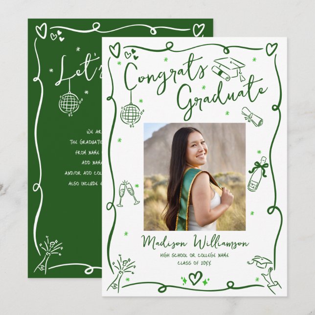 Faire-part Green Hand Drawn Doodles Graduate Photo White Fun (Devant / Derrière)