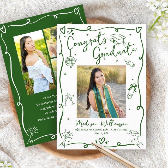 Faire-part Green Hand Drawn Doodles Graduation 4 Photo White (Créateur téléchargé)