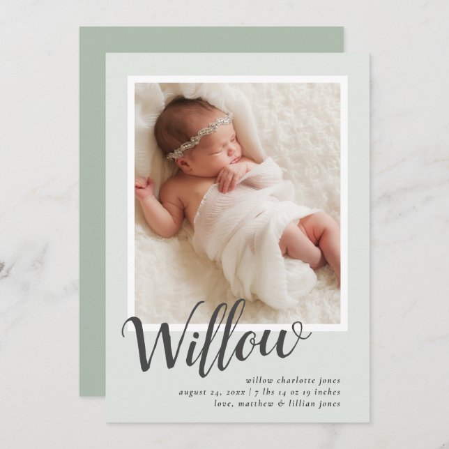 Faire-part Green Modern Calligraphie Naissance du nouveau-né (Devant / Derrière)