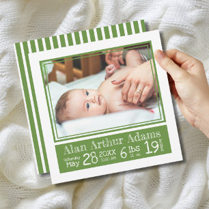 Faire-part Green Stripes Bébé Photo Birth Stats