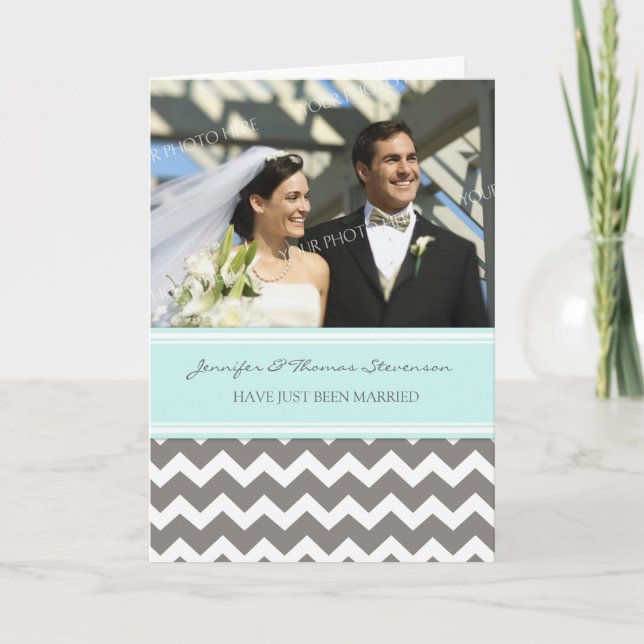 Faire-part Grey Aqua Chevron Juste Marié Photo (Devant)