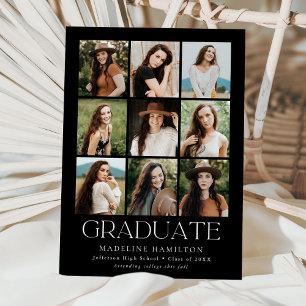 Faire-part Grille moderne Black 9 Photo Collage Graduation