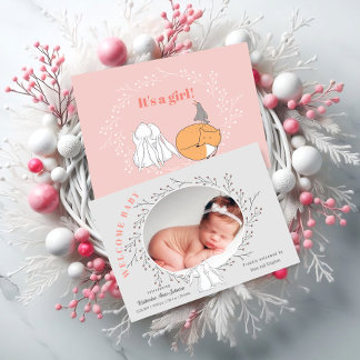 Faire-part Gris rose Floral Bois Animaux Bébé Fille Naissance