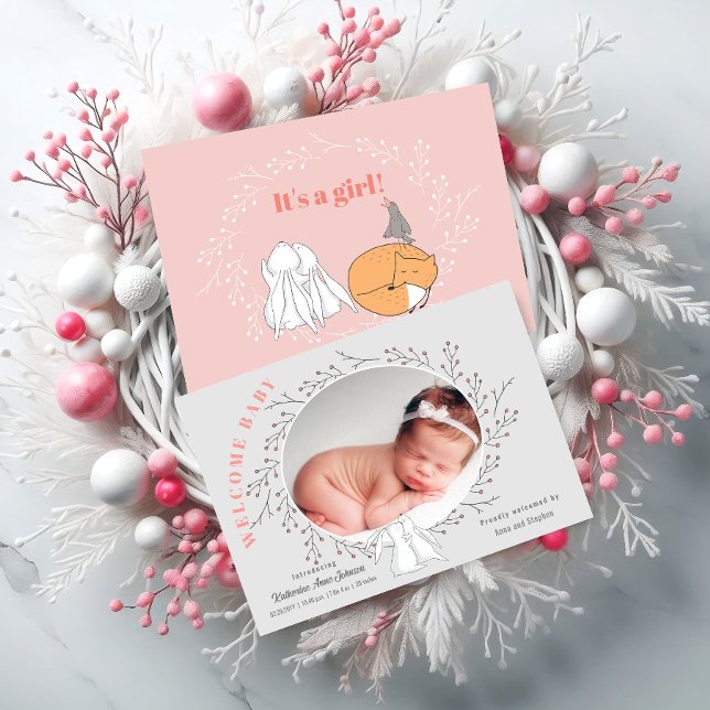 Faire-part Gris rose Floral Bois Animaux Bébé Fille Naissance (Pink gray floral wreath bunny baby girl birth announcement front and back view in situ.)