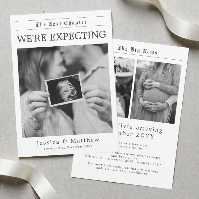 Faire-part Grossesse dans un journal neutre en termes de genr (Black and White Gender Neutral Newspaper Pregnancy Announcement)