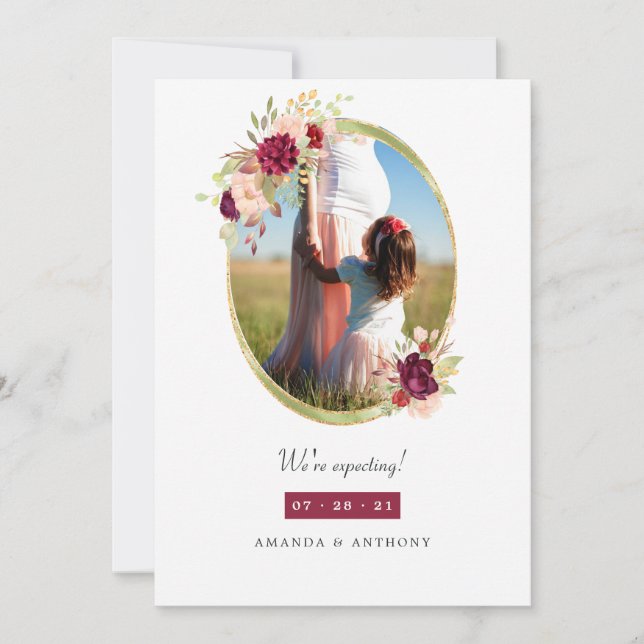 Faire-part Grossesse florale géométrique bordeaux et floue (Devant)