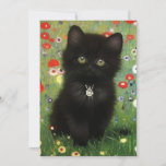 Faire-part Gustav Klimt Kitten<br><div class="desc">Carte avec un chaton Gustav Klimt ! Ce chaton noir porte un collier d'argent et s'assoit dans un champ de fleurs rouges,  bleues,  blanches et jaunes. Un cadeau merveilleux pour les amateurs d'art amoureux des chats et autrichiens !</div>