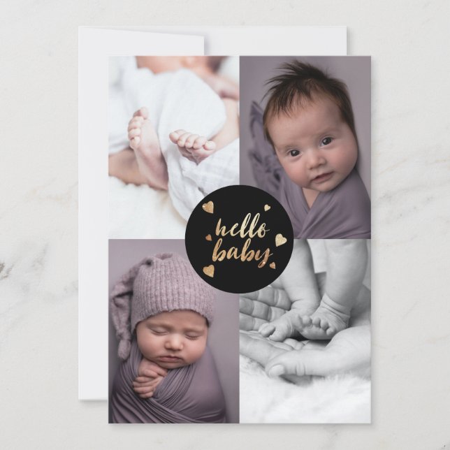 Faire-part Hello Baby Black Gold Photo Collage Naissance (Devant)