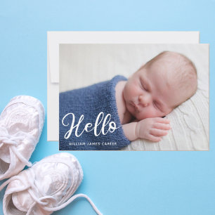Faire-part Hello Baby Boy Photo Simple Script Blue Birth