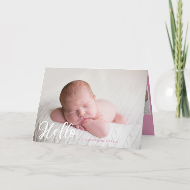 Faire-part Hello Baby Girl Photo Simple Script rose Naissance (Devant)
