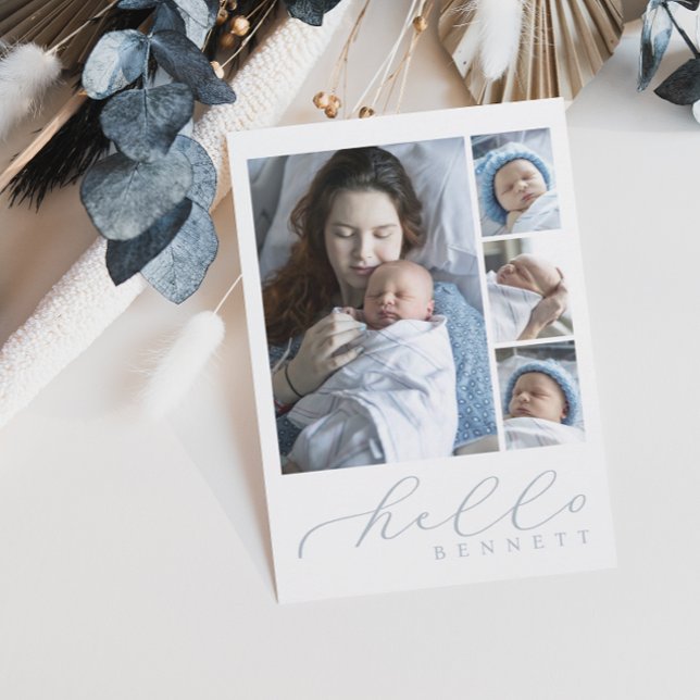 Faire-part Hello Baby Simple Script Photo Collage Naissance (Créateur téléchargé)