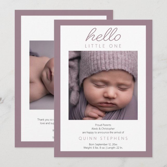 Faire-part Hello Little One - 2 Photo Bébé Lavande Naissance (Devant / Derrière)