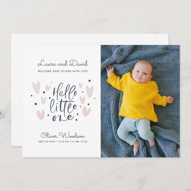 Faire-part Hello Little One Blue Baby Boy Photo Birth Announc (Devant / Derrière)