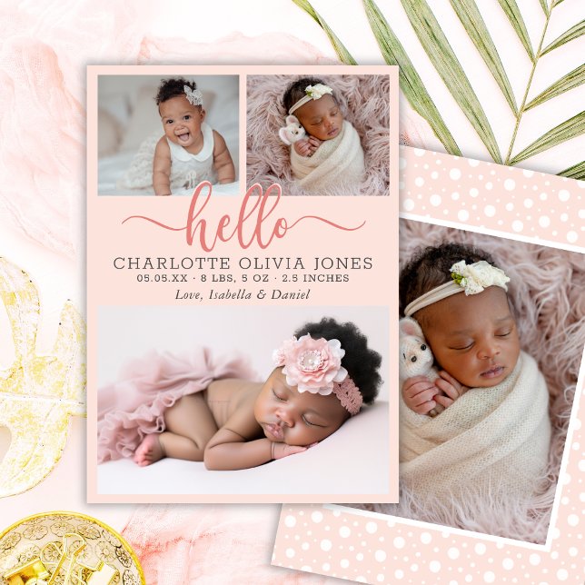 Faire-part Hello Script Girl Birth Photo Collage Announcement (Créateur téléchargé)