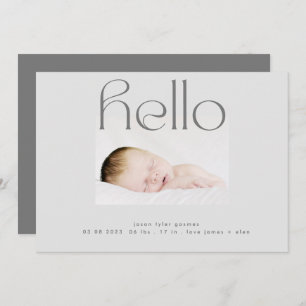 Faire-part hello script moderne gris simple minimaliste naiss
