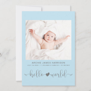 Faire-part Hello World Photo Heart Blue Grey Baby Boy Birth