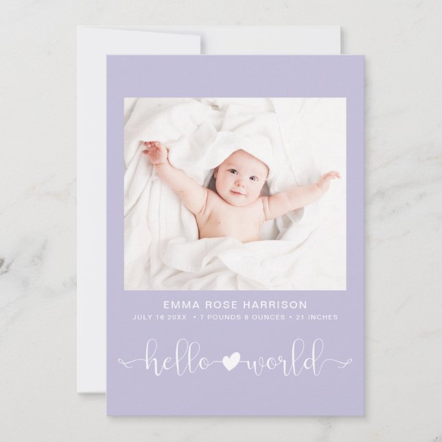 Faire-part Hello World Photo Heart Flèche Purple Girl Birth (Devant)
