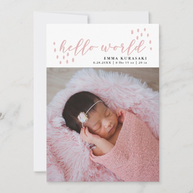 Faire-part hello world | Pink Dots Baby Photo Birth (Devant)