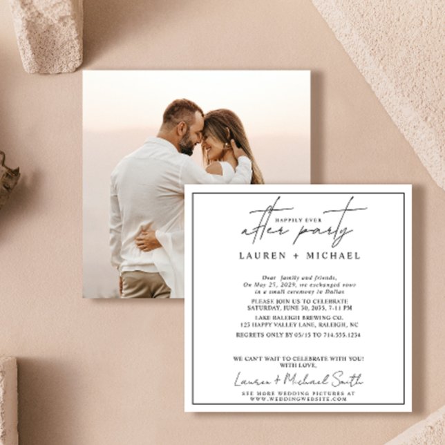 Faire-part Heureux toujours après la photo Mariage noir et bl (Easily personalize this photo wedding reception invitation with your photo and unique details.)